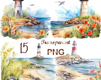 15 Spring Lighthouse PNG Clipart, Nautical Designs (Digital Download)