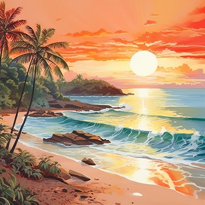 May include: A painting of a tropical beach scene with palm trees, a bright orange sunset, and blue ocean waves crashing on the shore.