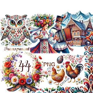 May include: A set of colorful digital illustrations featuring a folk art style. The set includes a floral wreath, a rooster, a woman in a traditional dress, a man playing an accordion, a house, an owl, and an egg. The illustrations are perfect for crafting projects, scrapbooking, and digital design.