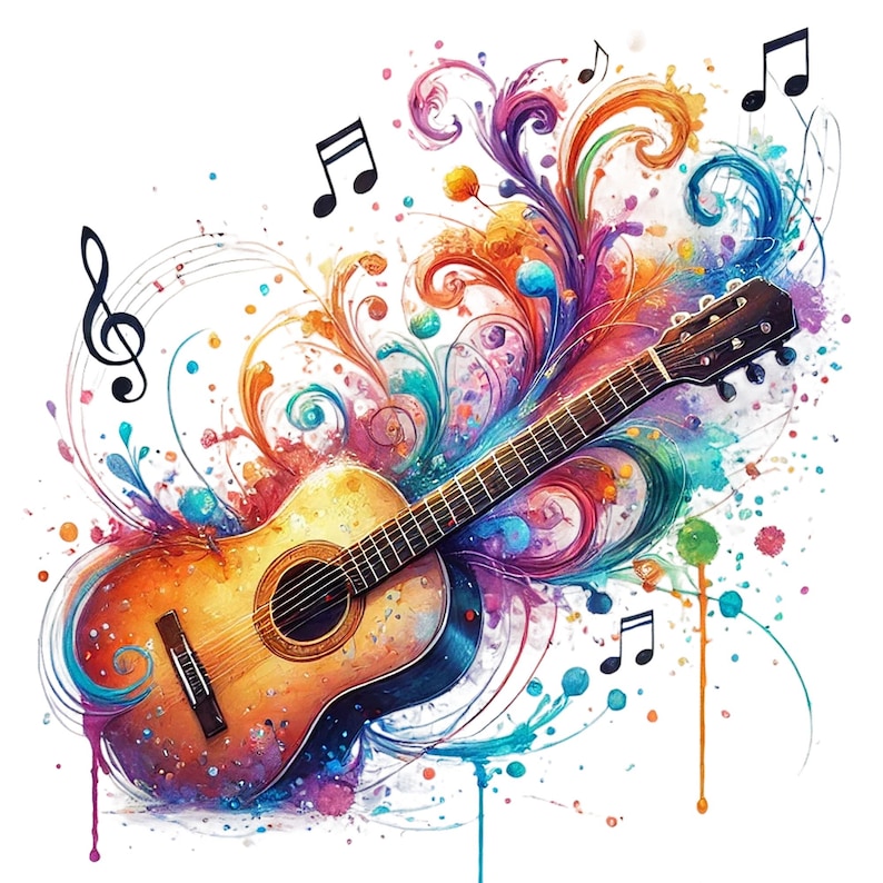 Op de afbeelding: Een kleurrijke aquarel-illustratie van een akoestische gitaar met muzieknoten en bloemmotieven. De gitaar is bruin met een natuurlijke houtkleur en heeft een zwart slagplaat. De achtergrond is wit met kleurspatten.