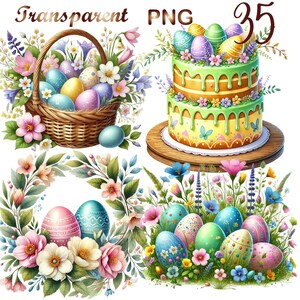 Op de afbeelding: Een set van vier digitale illustraties met Pasen-thema. De eerste afbeelding toont een mand gevuld met kleurrijke paaseieren en omringd door lentebloemen. De tweede afbeelding toont een tweelaagse taart versierd met groene frosting, kleurrijke paaseieren en bloemen. De derde afbeelding toont een krans van lentebloemen en bladeren met twee paaseieren in het midden. De vierde afbeelding toont een groep kleurrijke paaseieren omringd door lentebloemen en groen gras.