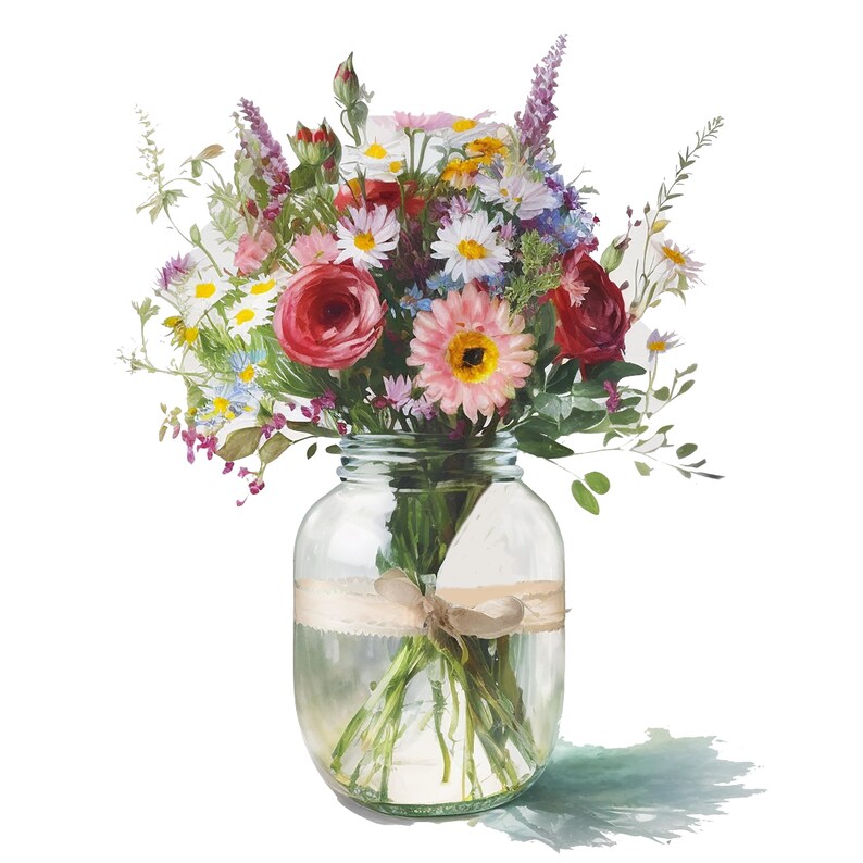 May include: A bouquet of pink, white, and red flowers in a clear glass jar with a brown ribbon tied around the neck. The flowers are arranged in a loose, natural style.
