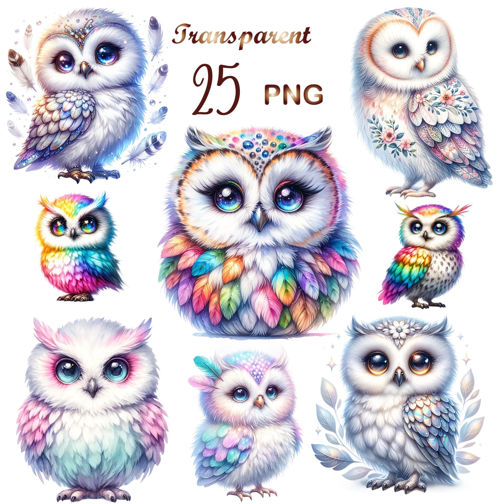 25 PNGs set 5 Owl Clipart bundle, Cute Owl Sublimation Clipart, Colorful Owls, Owl artwork, Owl prin