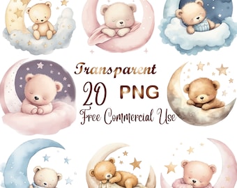 20 Watercolor  Sleeping Teddy bear clipart png, pastel watercolor cute teddy bear png, teddy bear clipart, baby shower,digital download