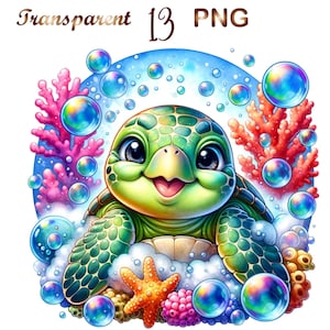 May include: A cartoon illustration of a green sea turtle with a big smile, surrounded by colorful bubbles and coral. The turtle is sitting on a bed of white foam with a starfish and other sea life.