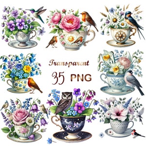 35 PNG, Teacup Bird Clipart bundle,Floral Teacup Clipart,Romantic Flower Clipart, Flower Tea Cup,Commercial Use,Instant Digital Download