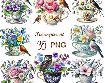 35 PNG, Teacup Bird Clipart bundle,Floral Teacup Clipart,Romantic Flower Clipart, Flower Tea Cup,Commercial Use,Instant Digital Download