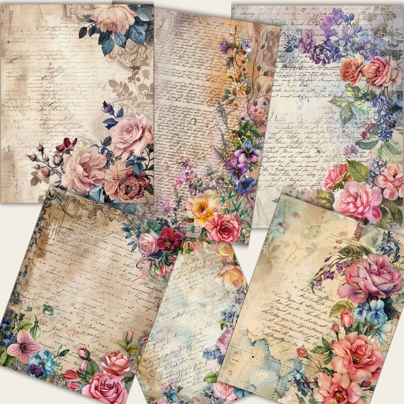 70 Floral Old Vintage Junk Journal Pages, Digital Scrapbook Paper Kit ...