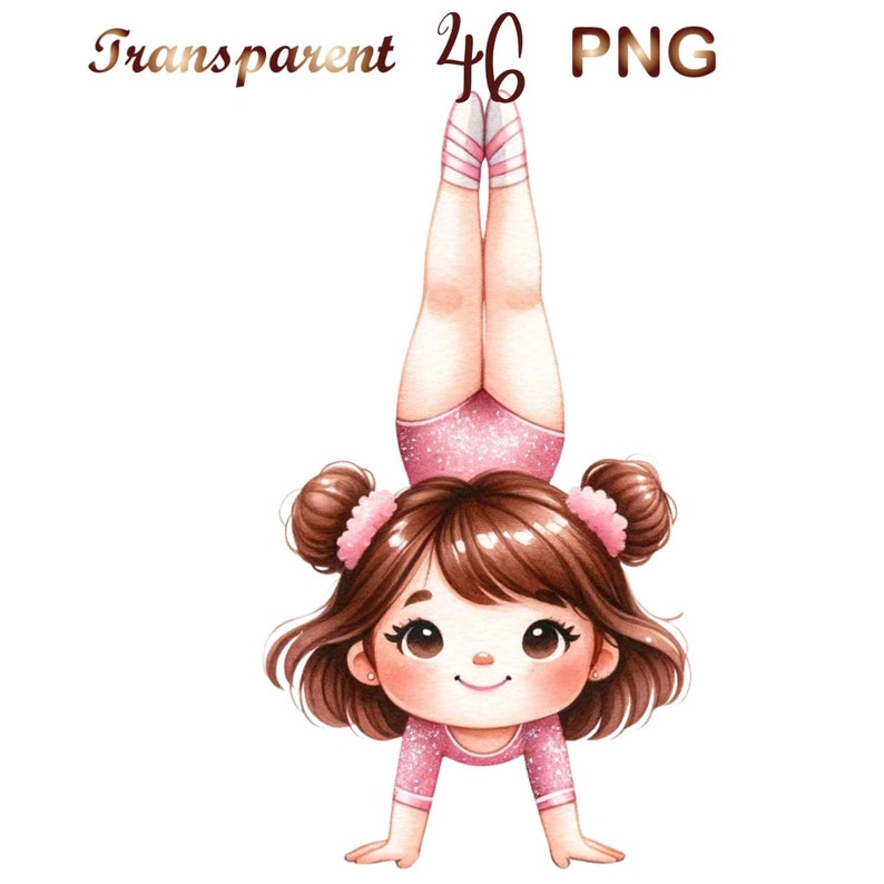 Puede incluir: Una ilustraci&oacute;n de dibujos animados de una ni&ntilde;a con cabello casta&ntilde;o y grandes ojos marrones que lleva un leotardo rosa y hace una parada de manos.