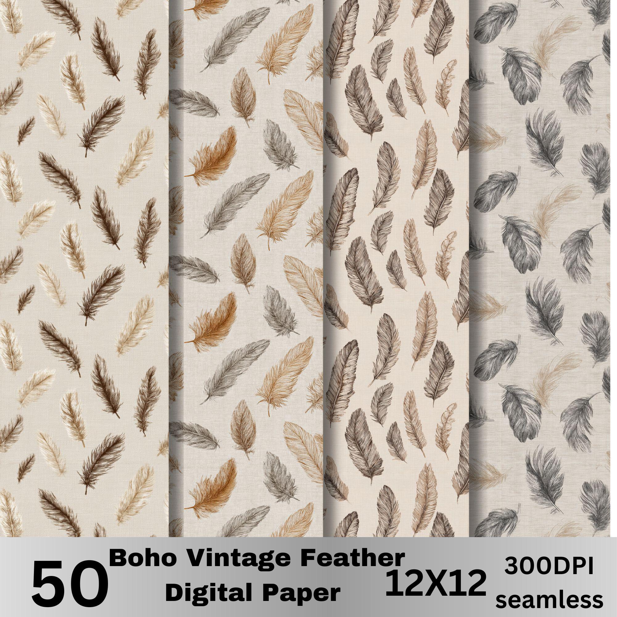 Neutral Feather Pattern 50 Boho Vintage Feather Digital Paper, Watercolor Fabric Textures ...