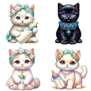 Puede incluir: Cuatro gatitos adorables, dos blancos con lazos azules y coronas de flores, uno negro con un collar de flores azules y uno blanco con un lazo azul y una corona de flores, todos sosteniendo biberones.