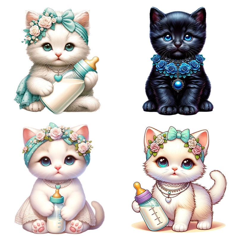 Puede incluir: Cuatro gatitos adorables, dos blancos con lazos azules y coronas de flores, uno negro con un collar de flores azules y uno blanco con un lazo azul y una corona de flores, todos sosteniendo biberones.