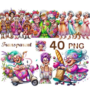 Pacote com 40 cliparts engraçados de velhinhas em PNG | Ilustrações em PNG de vovó idosa | Download digital | Uso comercial