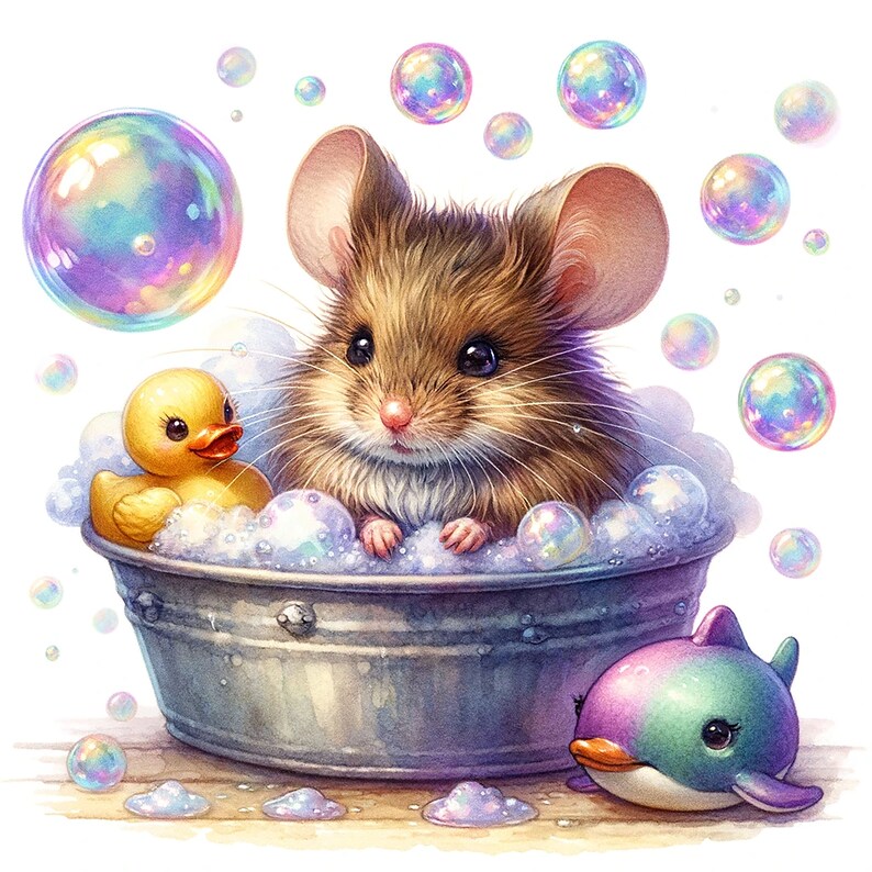 May include: A brown mouse taking a bath in a metal tub with a yellow rubber ducky and a blue and purple dolphin toy. There are many iridescent soap bubbles around the tub.