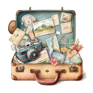 May include: A vintage brown suitcase overflowing with travel mementos, including a camera, maps, postcards, and flowers. The suitcase has a brass latch and a leather handle.