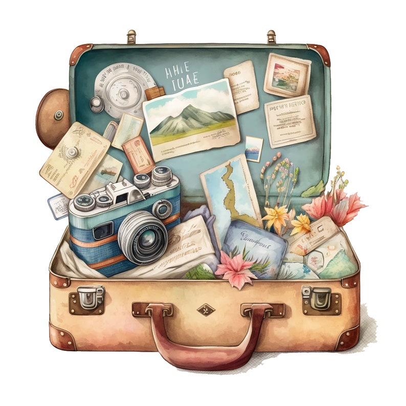 May include: A vintage brown suitcase overflowing with travel mementos, including a camera, maps, postcards, and flowers. The suitcase has a brass latch and a leather handle.