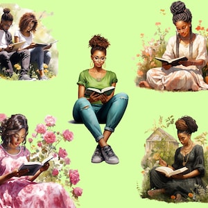 30 Watercolor Black Girl Reading Book Clipart PNG, Watercolor Bookworm ...