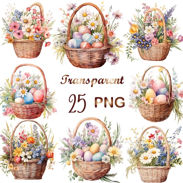 25 Watercolor Easter Clipart, Basket wildflowers art, Easter clipart, easter eggs png, easter png, easter sublimation, happy easter png