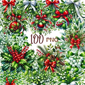 May include: A collection of 100 PNG images featuring various Christmas-themed illustrations. The images include sprigs of holly, mistletoe, berries, pine cones, and bows in red and white.