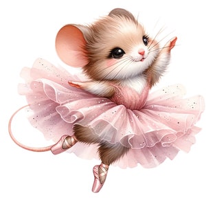 May include: A cute brown mouse wearing a pink tutu and pink ballet shoes. The mouse is dancing with its arms raised and its tail curled up behind it.