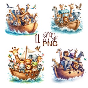 11 PNG/JPG, Clipart dell'Arca di Noè, Pacchetto di acquerelli, Set di clipart cristiane, Immagine digitale dell'Arca di Noè, Clipart della Bibbia trasparente, Carta, Wallart