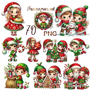 70 PNG Cute Elfs Clipart Bundle, X-mas  clipart, Adorable Holiday Elves, Festive Cartoon Set, Festive Art,Digital Download, Commercial Use