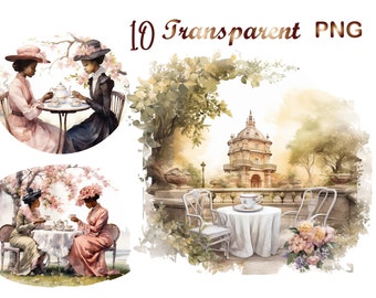 Watercolor Garden Tea Party Clipart, Victorian Ladies (10 PNG) (Digital Download)