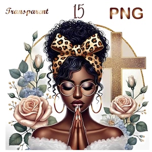 May include: A digital illustration of a Black woman with curly hair wearing a leopard print headband and glasses. She is praying with her hands clasped together. The background features a gold cross, flowers, and leaves.