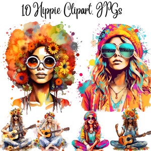 10 Watercolor Hippie Girl clipart, JPGs, Commercial use, Digital Download, Paper crafts,Junk Journals,Watercolor clipart image 2