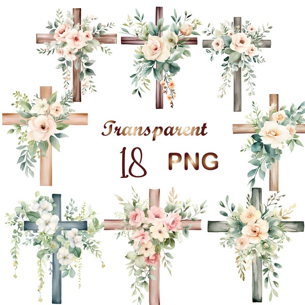 18 Pastel Boho Floral cross clipart PNG,wooden watercolor cross clipart,Religious easter clipart,Baptism First communion,Baptism invitations