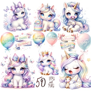 50 PNG JPG, Baby Unicorn Watercolor Clipart,Unicorn Сlip art,cute Unicorn,Baby Unicorn png,Unicorn clip art, Rainbow unicorn, commercial use