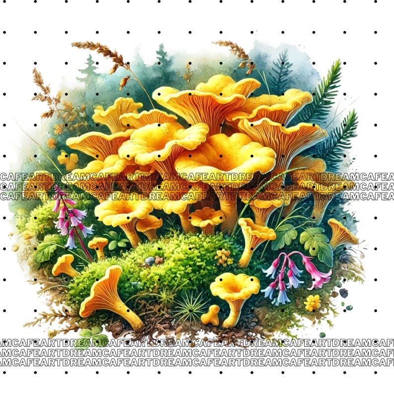 May include: A cluster of bright yellow chanterelle mushrooms growing in a lush green forest setting. The mushrooms are surrounded by green moss, ferns, and wildflowers.