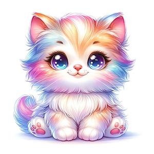 May include: A fluffy, rainbow-colored kitten with big blue eyes and a sweet expression. The kitten is sitting with its paws tucked under its body.