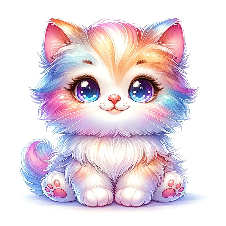 May include: A fluffy, rainbow-colored kitten with big blue eyes and a sweet expression. The kitten is sitting with its paws tucked under its body.