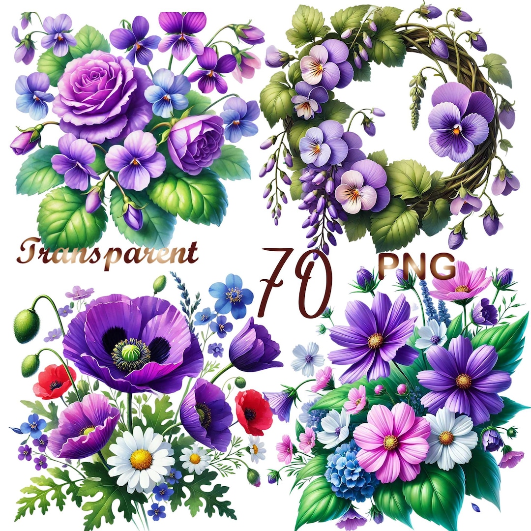 70 PNG Purple Flowers Clipart Bundle, Violet Flowers Bouquet Clipart ...