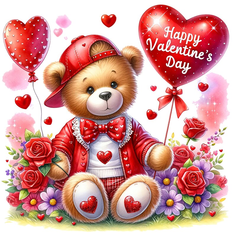 Op de afbeelding: Een teddybeer met een rode baseballpet, een rood jasje en een rode strik houdt een rode hartballon vast waarop "Happy Valentine's Day" staat. De beer zit op een bed van rode rozen en andere bloemen.