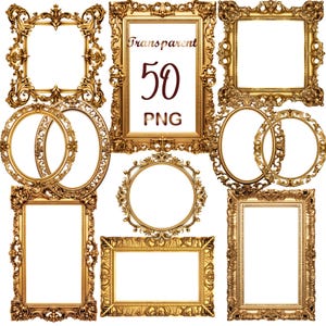 50 Watercolor Gold Frame Clipart PNG, Gold Frame Clipart Bundle, Transparent Background, Digital Download, PNG Graphics,Commercial Use