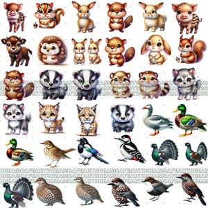 Puede incluir: Una colecci&oacute;n de ilustraciones en acuarela de varios animales, incluyendo un cerdo, una ardilla, un conejo y un castor. Los animales est&aacute;n representados en un estilo de dibujos animados, con colores suaves y detalles. Adecuado para productos infantiles o materiales educativos.