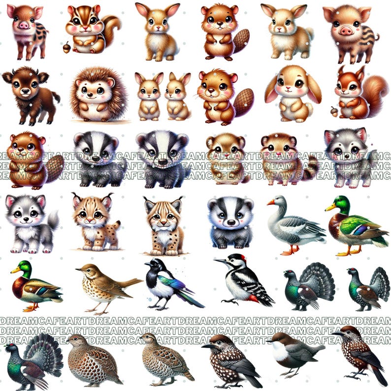 Puede incluir: Una colecci&oacute;n de ilustraciones en acuarela de varios animales, incluyendo un cerdo, una ardilla, un conejo y un castor. Los animales est&aacute;n representados en un estilo de dibujos animados, con colores suaves y detalles. Adecuado para productos infantiles o materiales educativos.