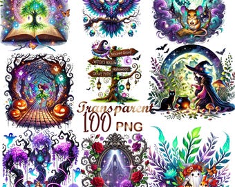 Clipart del Bosque de la Luz Bruja de Candlewick: 100 ilustraciones PNG de bosques encantados de Halloween, gráficos mágicos espeluznantes, descarga digital