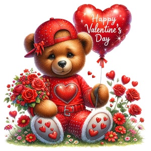 Op de afbeelding: Een rode teddybeer met een rode baseballpet en een rode hartvormige outfit houdt een bos rode rozen vast en een rode hartvormige ballon met de tekst "Happy Valentine's Day".
