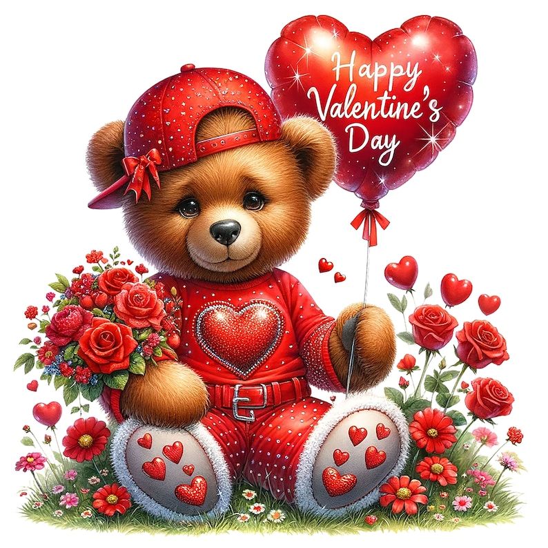 Op de afbeelding: Een rode teddybeer met een rode baseballpet en een rode hartvormige outfit houdt een bos rode rozen vast en een rode hartvormige ballon met de tekst "Happy Valentine's Day".