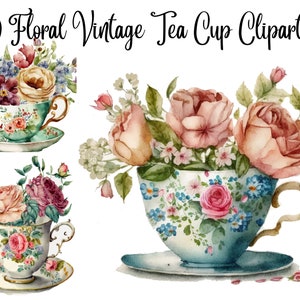 10 Floral Vintage Tea Cup Clipart, High Quality JPGs, Flower Clipart, Watercolor Clipart, Commercial Use, Digital Download, Digital Craft