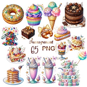 65 PNG, akwarelowe słodkie smakołyki Clipart Bundle, smakołyki Makaroniki Babeczki Gummy Bears, ciasta Wata cukrowa, słodkie jedzenie Clipart, sztuka lizaków