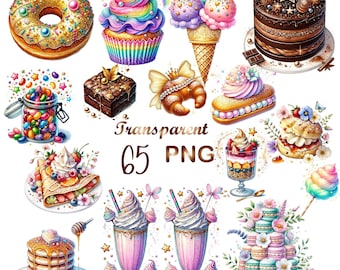 65 PNG, Watercolor Sweet Treats Clipart Bundle,Treats Macarons Cupcakes Gummy Bears,Cakes Cotton Candy Floss,Sweet Food Clipart,Lollipop art