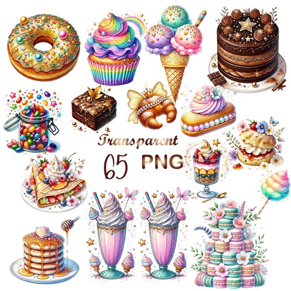 65 PNG, Watercolor Sweet Treats Clipart Bundle,Treats Macarons Cupcakes Gummy Bears,Cakes Cotton Candy Floss,Sweet Food Clipart,Lollipop art