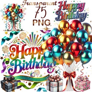 75 PNG, Birthday Motifs Clipart bundle, Cute Birthday graphic design, Joy Celebration Illustrations, Digital Download, Commercial Use