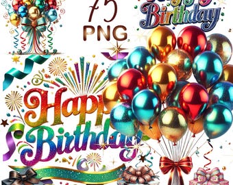 75 PNG, Birthday Motifs Clipart bundle, Cute Birthday graphic design, Joy Celebration Illustrations, Digital Download, Commercial Use