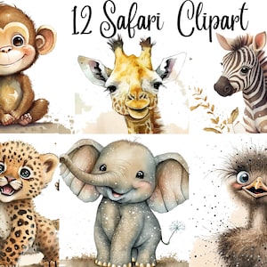 12 Watercolor Safari Baby Animals Watercolor Clipart, JPGs, Digital crafting, Paper crafts, Instant download,commercial use,safari clipart