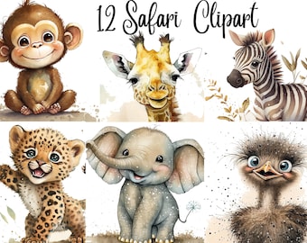 12 Watercolor Safari Baby Animals Watercolor Clipart, JPGs, Digital crafting, Paper crafts, Instant download,commercial use,safari clipart